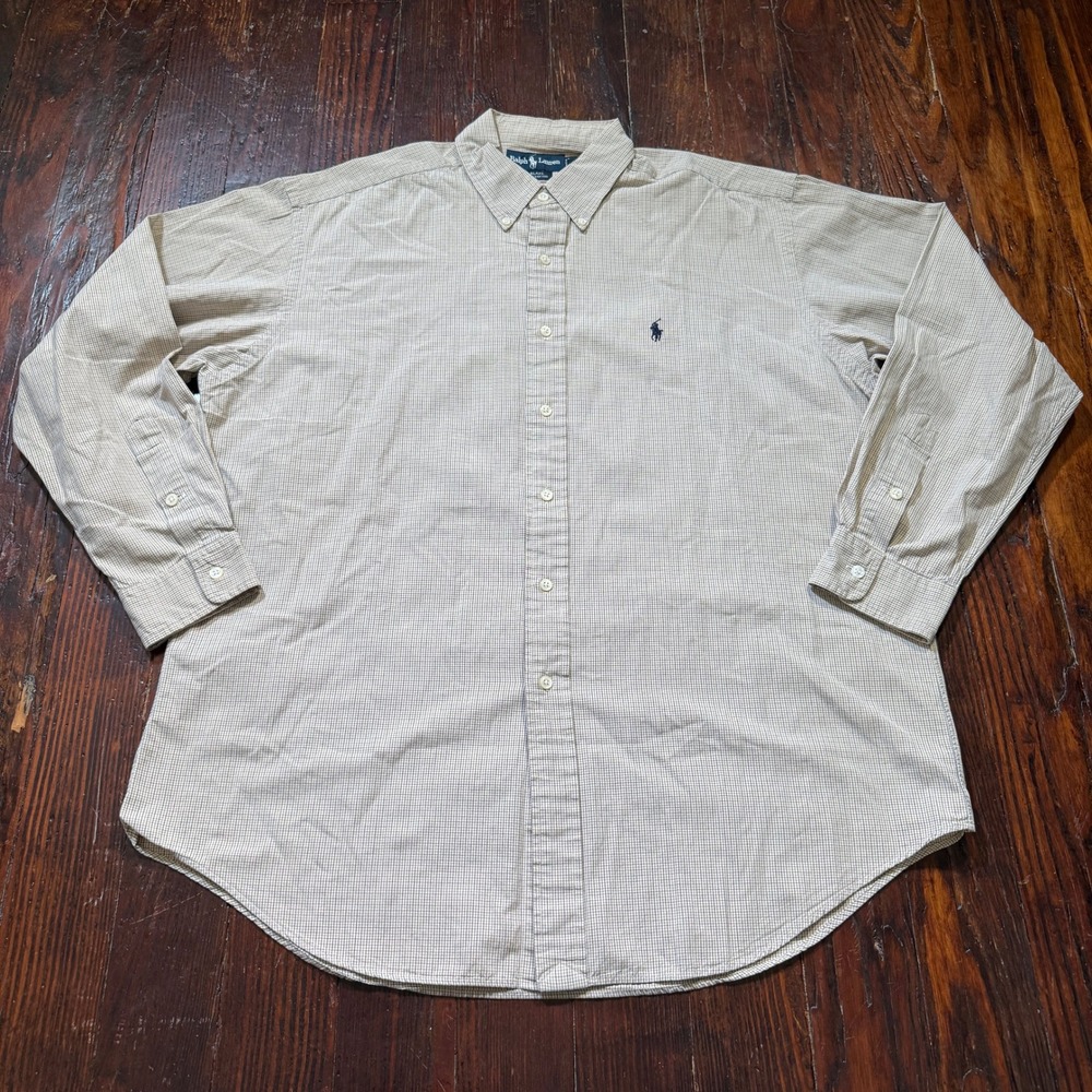 Polo Ralph Lauren Shirt Mens L Tan Blake Cotton Micro Check Long Sleeve Button